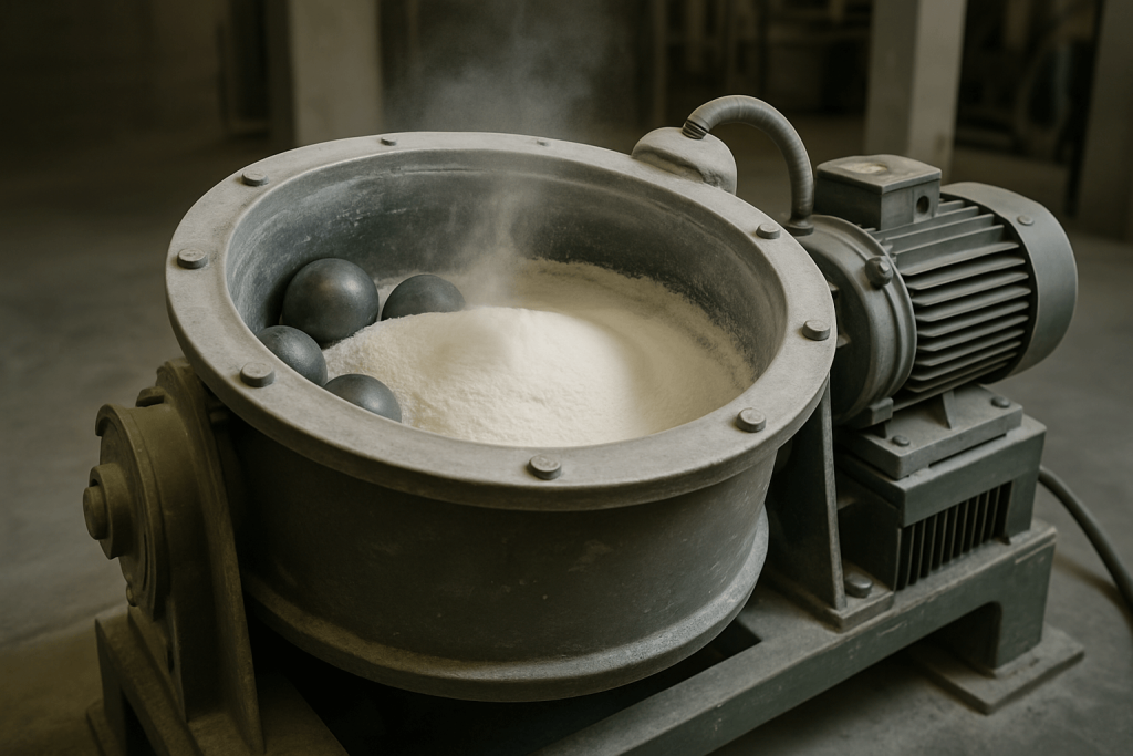 This image depicts the mechanical treatment processes such as grinding and sieving used to enhance zirconia powder quality.