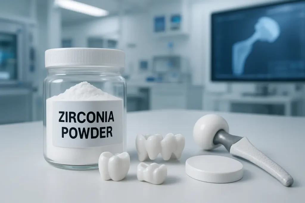 This image illustrates zirconia powder being utilized in the production of medical implants, showcasing its significance in healthcare.