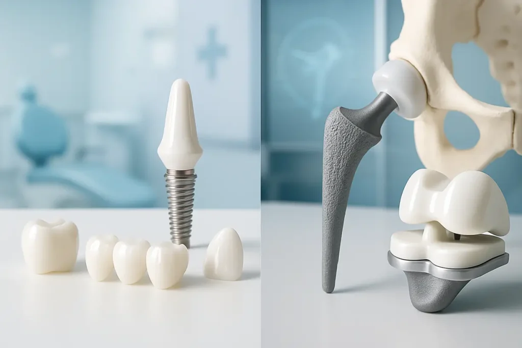 This image depicts zirconia applications in dental and orthopedic implants, showcasing its versatility in medical usage.