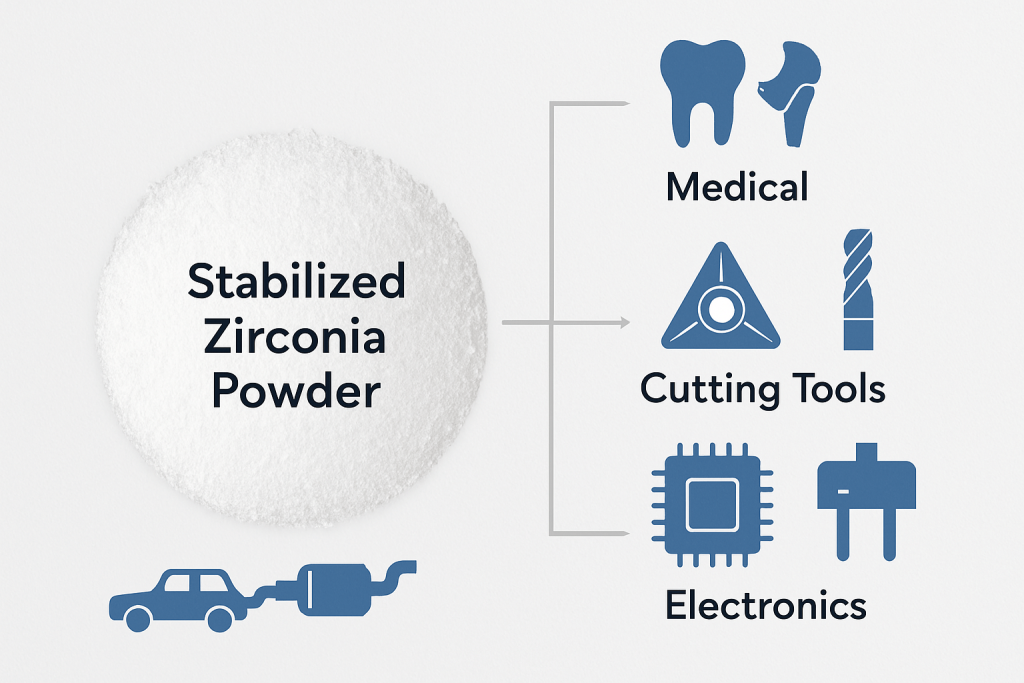 This image illustrates the applications of stabilized zirconia powder in various industries.