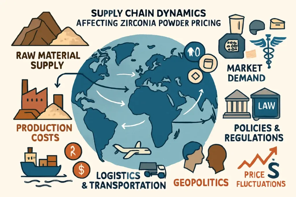 This image illustrates the various supply chain dynamics affecting zirconia powder pricing.