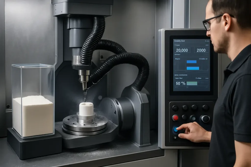 The image illustrates innovative zirconia processing techniques, showcasing eco-friendly methods and advanced technology in action.