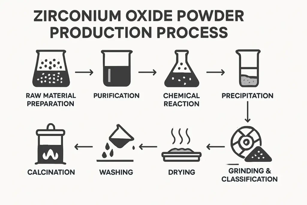 This image visualizes the production processes for zirconia powder, providing clarity on each step involved.