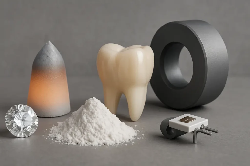 This image illustrates the important attributes of zirconia powder and its applications.