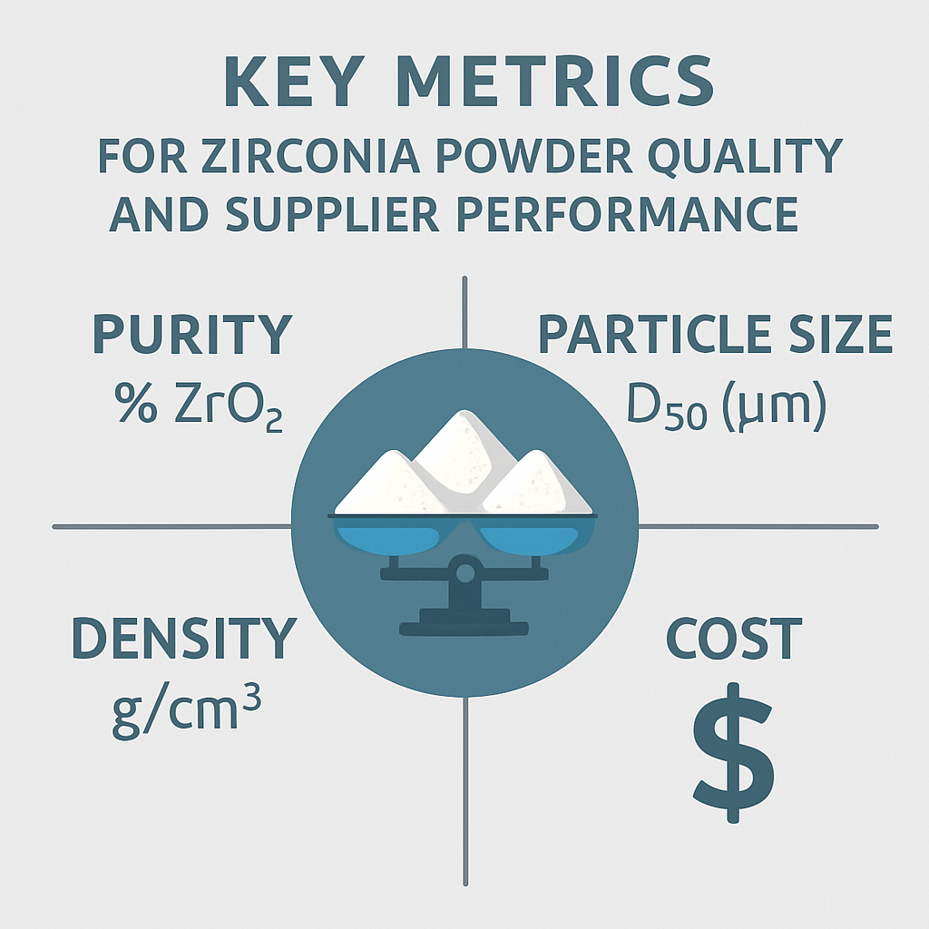 This image illustrates the critical metrics for evaluating zirconia powder quality and supplier performance.