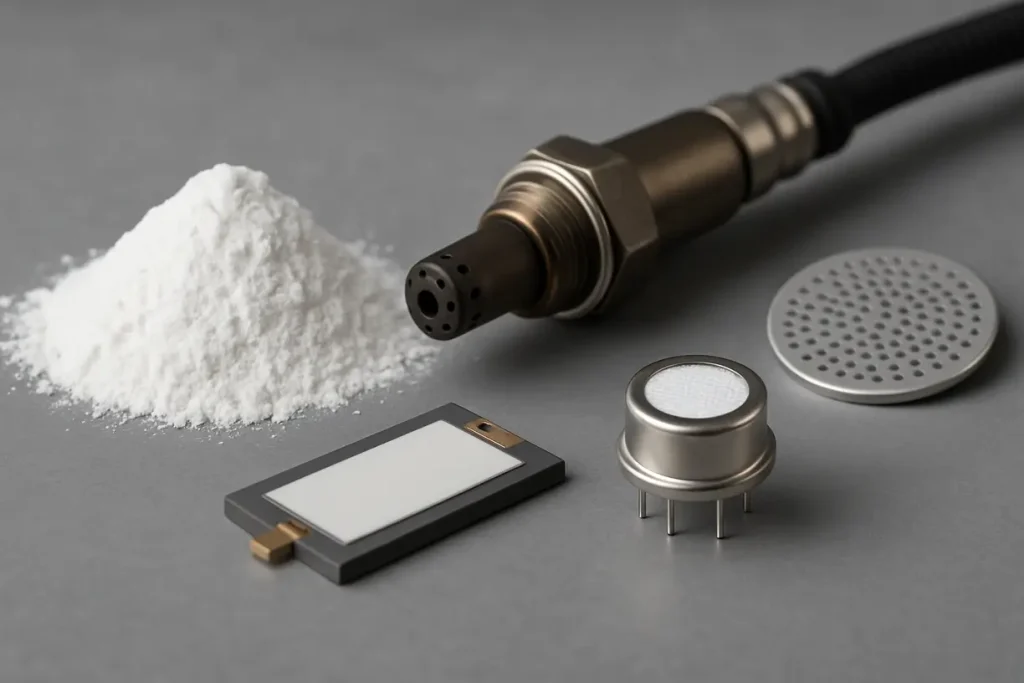 Image shows zirconia powder, highlighting its unique properties vital for sensor technology applications.