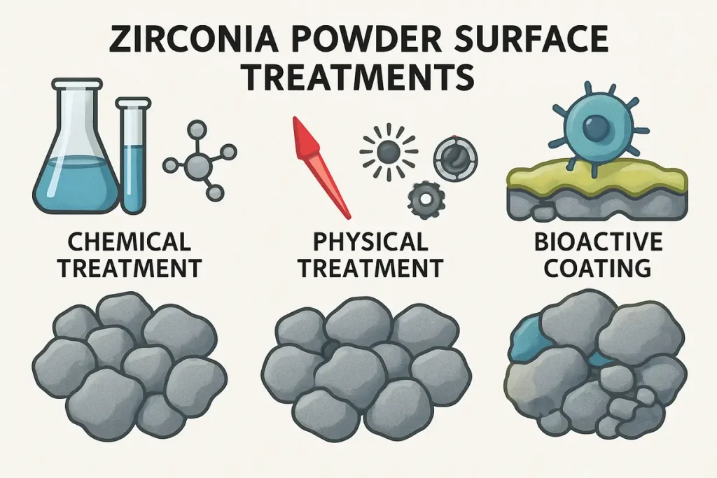 This image illustrates the various surface treatment methods applied to zirconia powder, showcasing the techniques used.