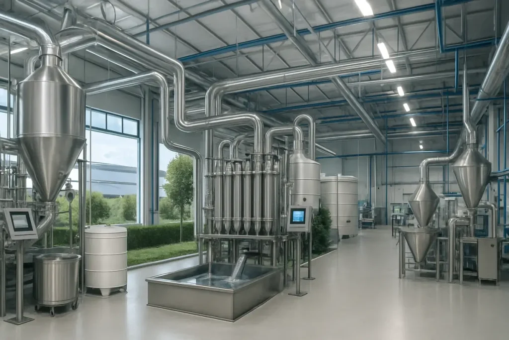 The image depicts a modern, sustainable zirconia powder production setup highlighting eco-friendly processing techniques.