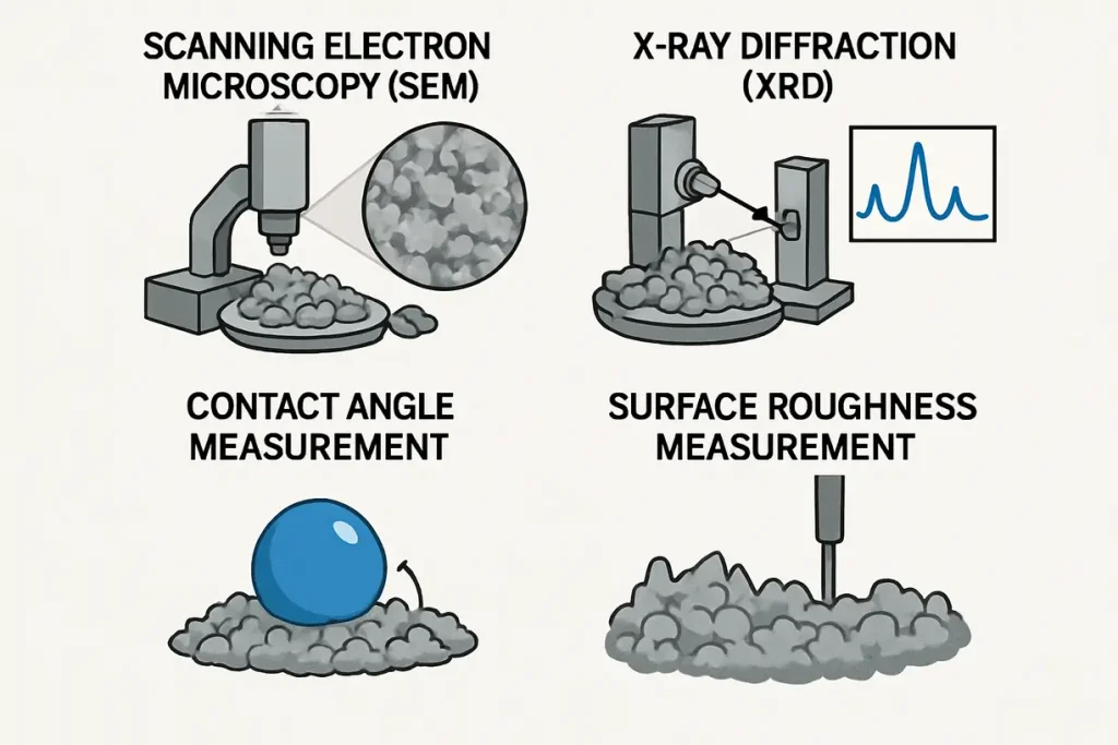 This image illustrates different testing methods used to assess the effectiveness of surface treatments for zirconia powder.