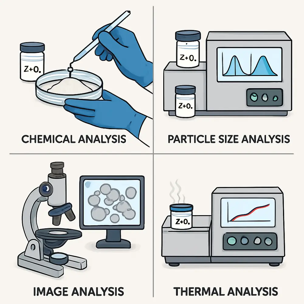 This image showcases the various testing methods used to validate the quality of zirconia powder, ensuring high standards.