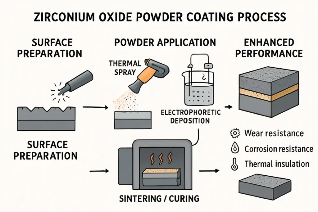 This image illustrates the coating process for zirconia powder, showcasing the steps involved in enhancing its properties.