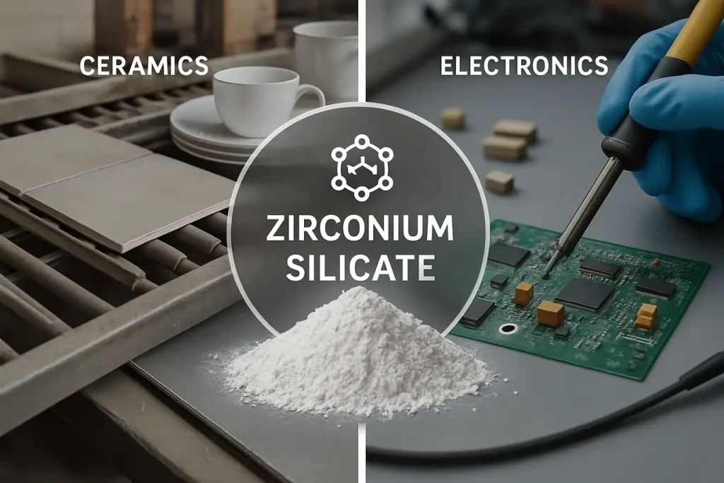 This image illustrates the diverse applications of zirconium silicate in various industries like ceramics and electronics.