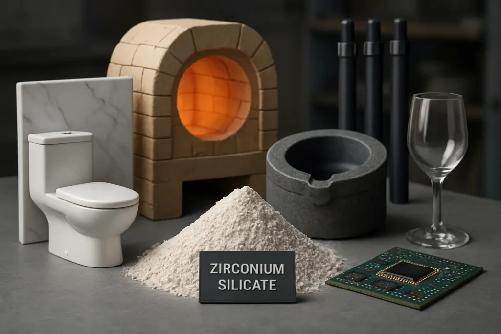 This image depicts various industries utilizing zirconium silicate, showcasing its broad applications.