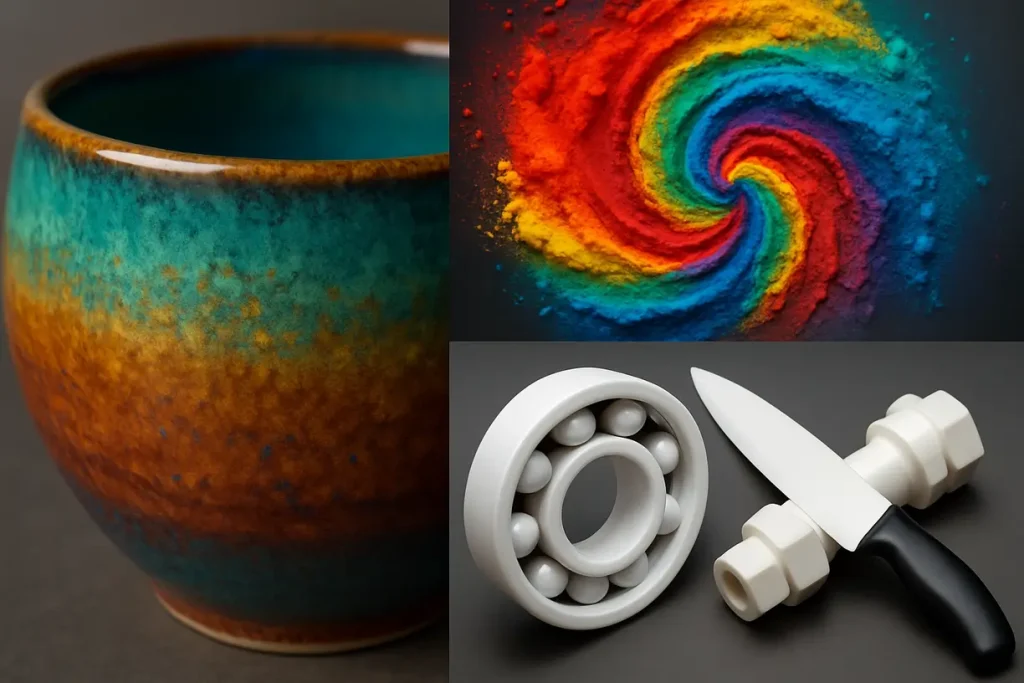This image highlights various artistic techniques utilizing zirconium silicate for creative expression and innovation.