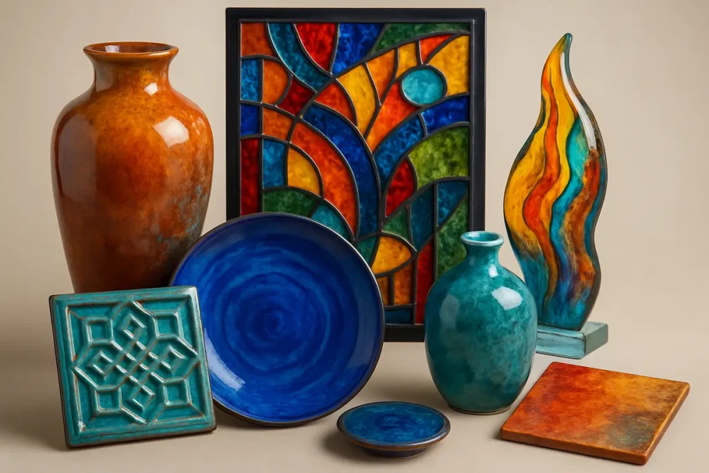 This image showcases diverse artistic applications of zirconium silicate, highlighting its vibrant colors and textures.