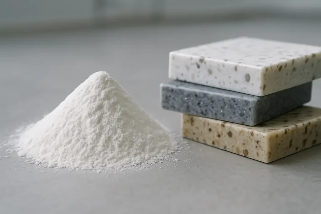 An overview of zirconium silicate powder being used in the manufacturing process of engineered stone products, showcasing its importance in enhancing durability and aesthetics.