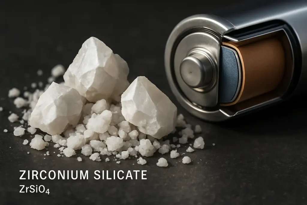 This image illustrates the crystalline structure of zirconium silicate, highlighting its stability and potential use in batteries.
