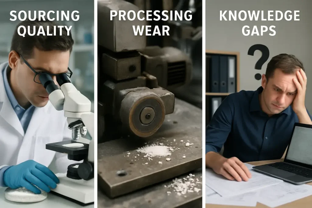 This image depicts the challenges faced in sourcing high-quality zirconium silicate in various industries.