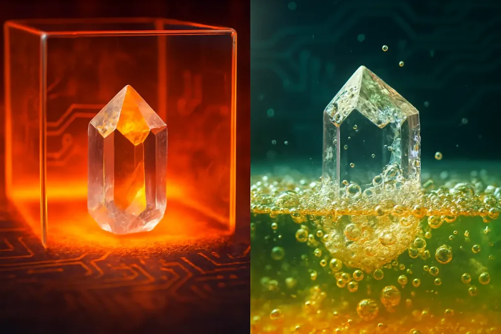 This image shows the crystalline structure of zirconium silicate, emphasizing its thermal stability and chemical resilience for electronic applications.