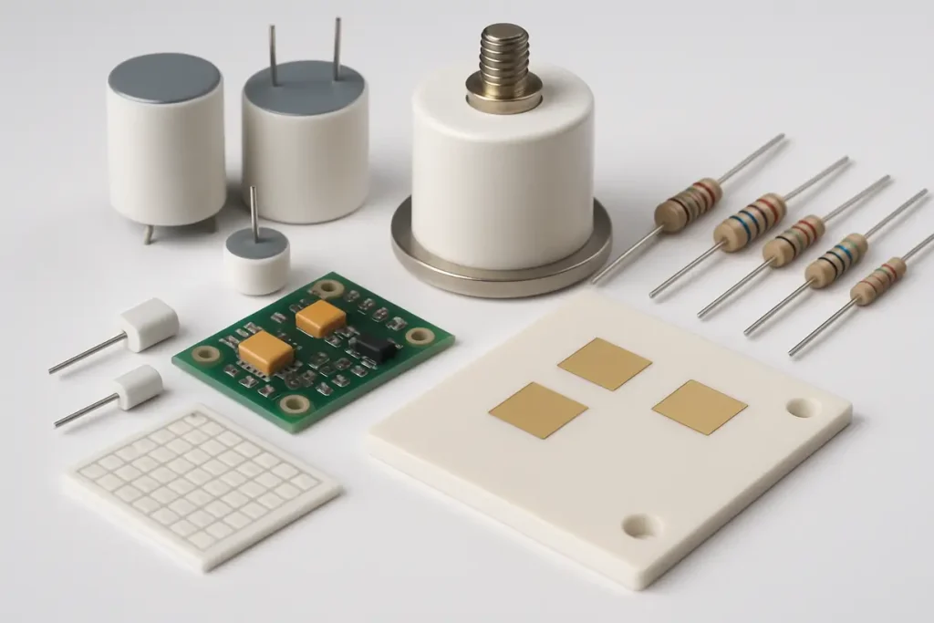 This image illustrates various electronic components that utilize zirconium silicate as an insulating material, highlighting its importance in the industry.