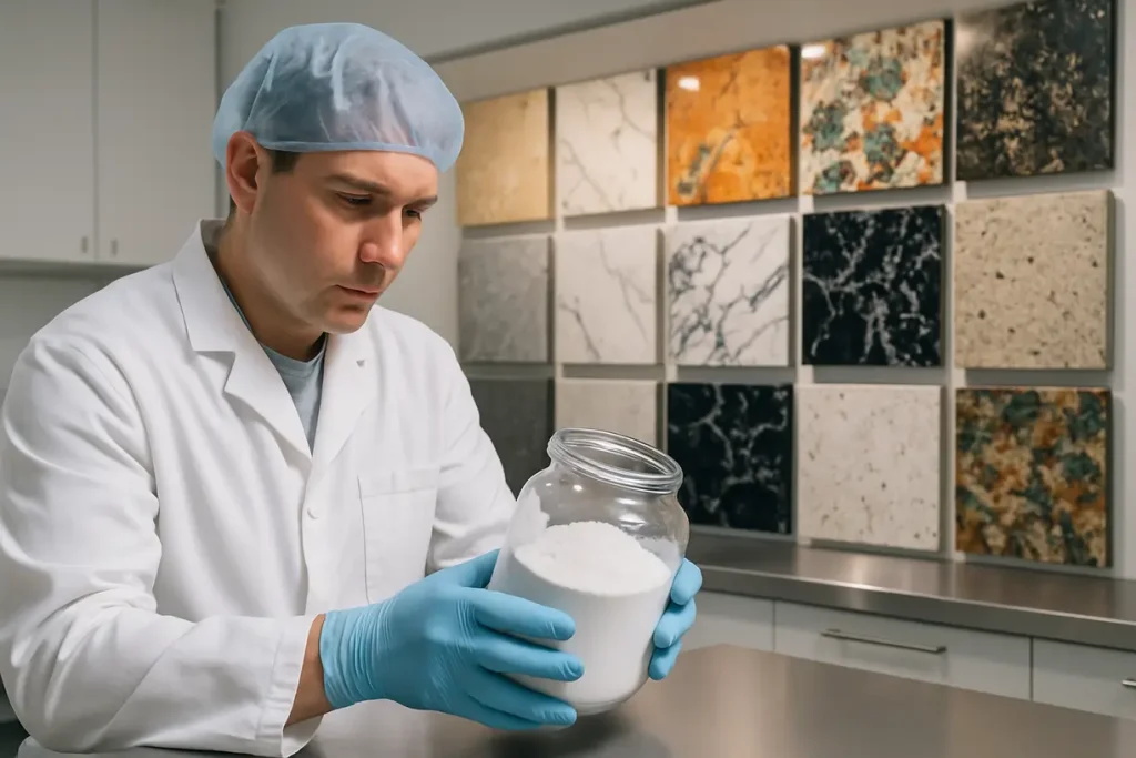 An illustration showing zirconium silicate powder used in the production of engineered stone.
