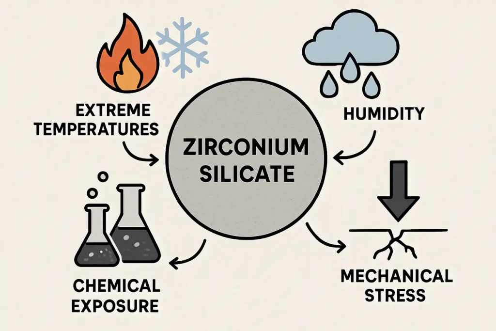 This image depicts varying environmental conditions that can affect the performance of zirconium silicate materials.