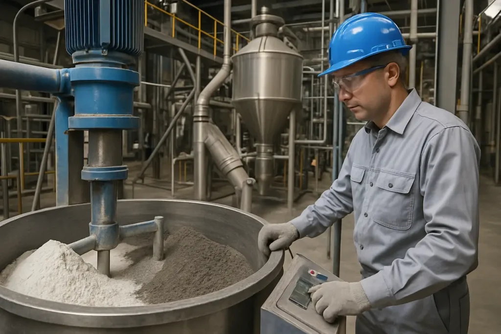 This image illustrates the mixing process of zirconium silicate with other materials in a production line, showcasing its workability.