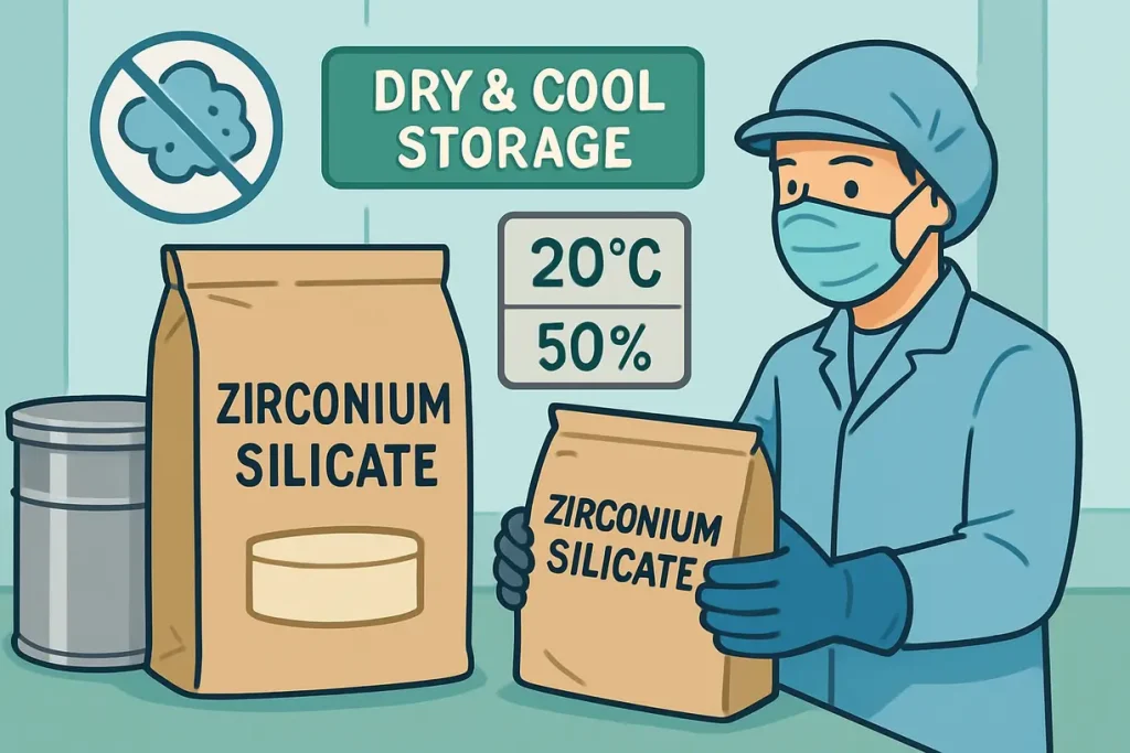 This image showcases proper storage and handling procedures for zirconium silicate to maintain product integrity.