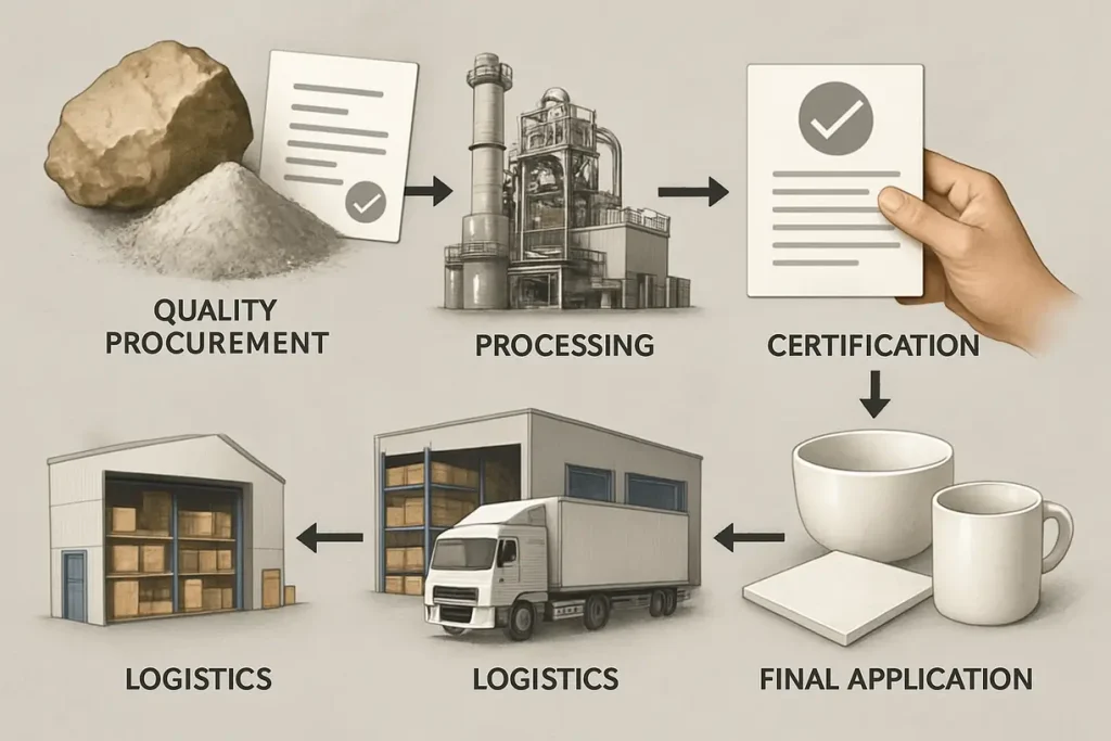 This image illustrates the supply chain management process for zirconium silicate, emphasizing the importance of quality sourcing and certification.