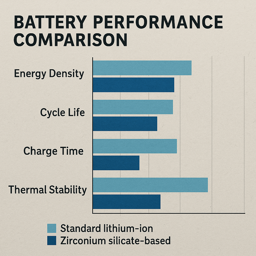 Comparison of battery performance metrics, emphasizing the benefits provided by zirconium silicate.