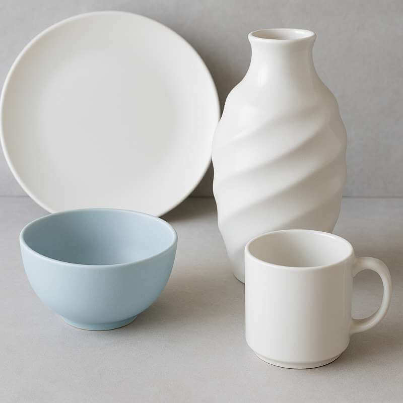 Image of modern ceramic products showcasing the use of zirconium silicate