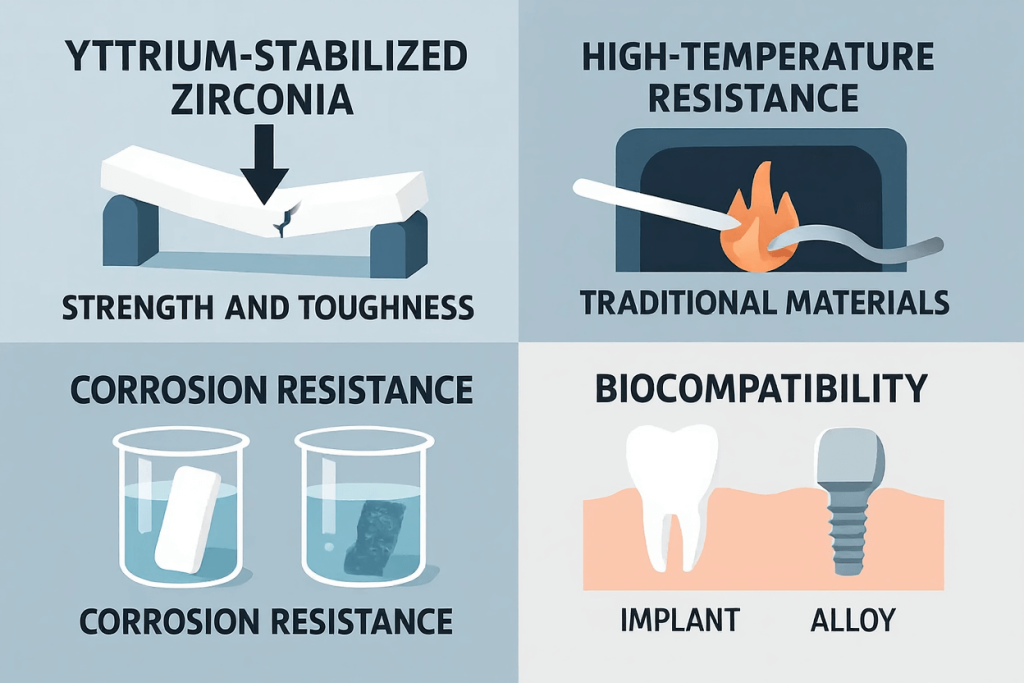 This image illustrates the key properties of stabilized zirconia compared to traditional materials.