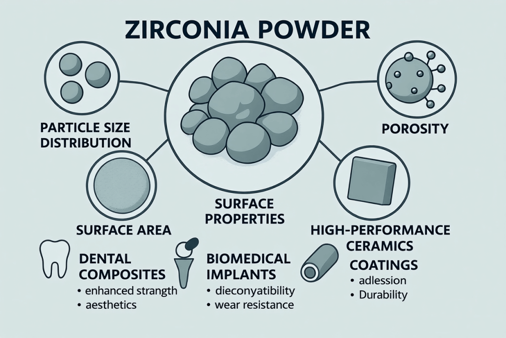 This image illustrates the various surface features of zirconia powder as they relate to its applications in composites.