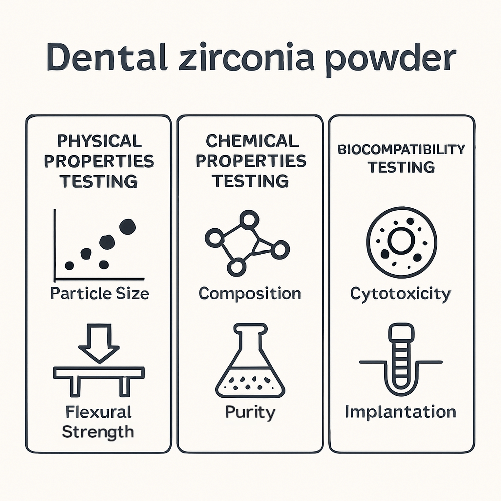 This image illustrates various testing methods used to assess the quality and performance of dental zirconia powder.