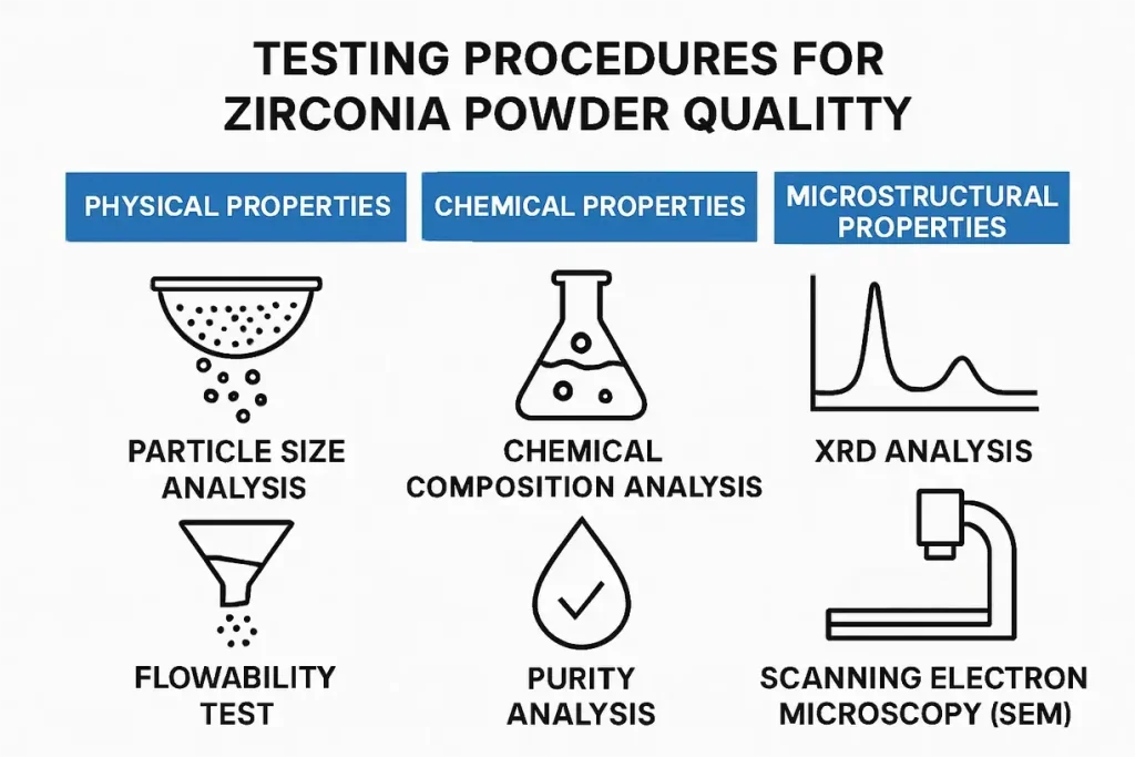 Various testing procedures for assessing zirconia powder quality.