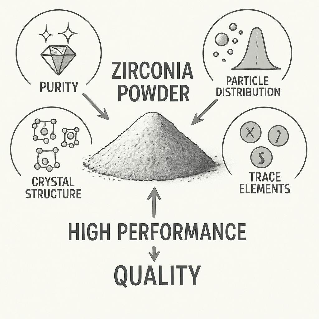 The image shows a labeled diagram of zirconia powder composition, highlighting the key components that impact its quality and performance.