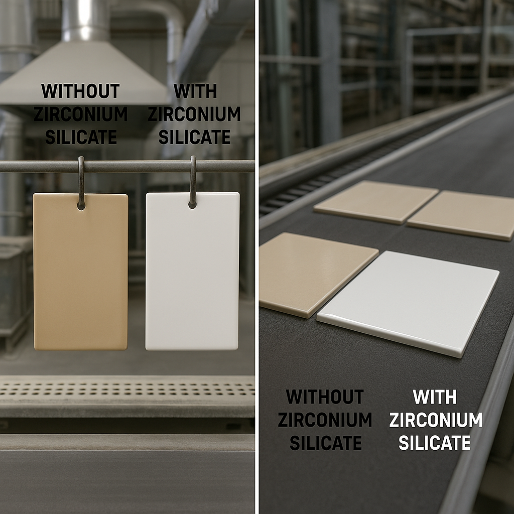 Illustrates Zirconium Silicate's role in ceramic manufacturing, focusing on glazes and tiles. Features before-after comparisons demonstrating opacity enhancement within a professional industrial setting.