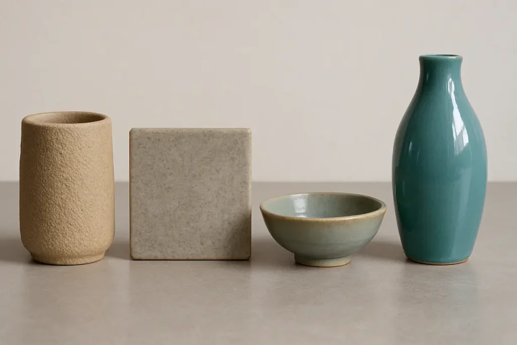 Range of ceramic products with different glaze finishes