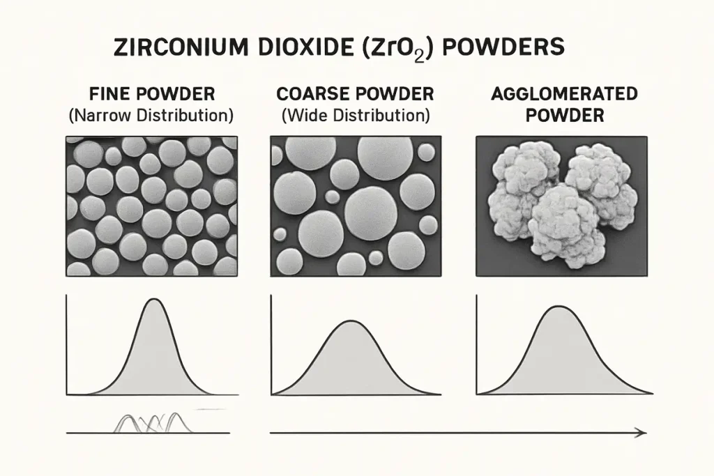 Visual comparison of different zirconia powders showcasing various sizes